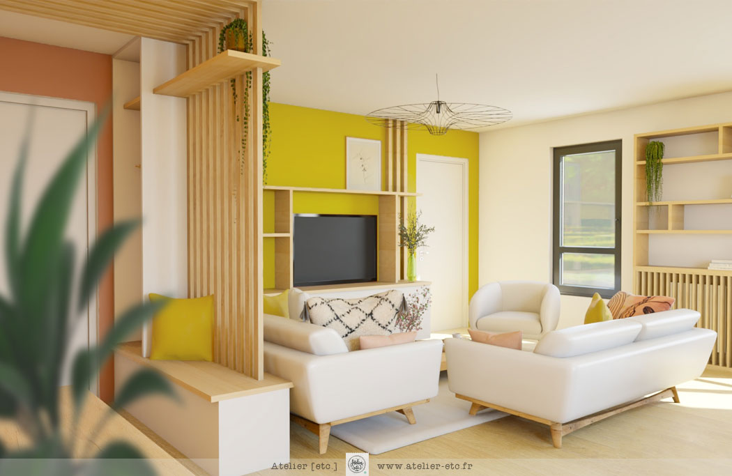 Appartement ambiance chaleureuse jaune moutarde et terracotta