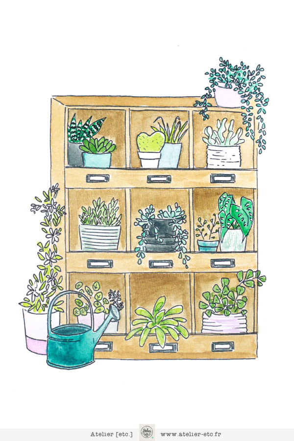 Dessin aquarelle petit meuble pour plantes